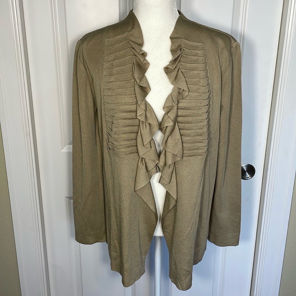 Ming Wang Open Front Cardigan Size Small Raffle Pleated Tan Beige Long Sleeve